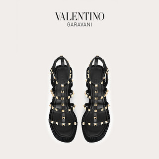 VALENTINO GARAVANI/华伦天奴 ROCKSTUD 小牛皮铆钉系带坡跟凉鞋 F13538796 （38、黑色）