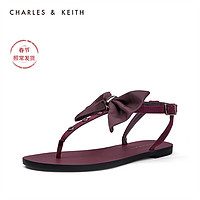CHARLES&KEITH女鞋CK1-70390265蝴蝶结饰女士夹趾凉鞋（39、Black黑色）
