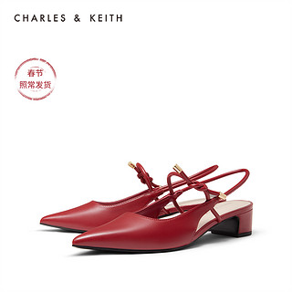 CHARLES&KEITH女鞋CK1-60580166绳结中跟尖头凉鞋（37、Black黑色）