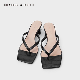 CHARLES&KEITH女鞋CK1-60920219压纹夹趾凉拖鞋（37、Black黑色）