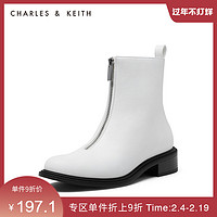 CHARLES&KEITH秋冬女靴CK1-90580118拉链中跟厚底短靴女（38、Black黑色）