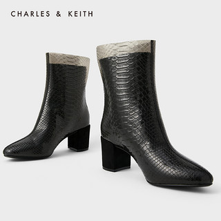 CHARLES&KEITH秋冬女靴CK1-90360316女士材质拼接高跟短靴（41、Grey灰色）