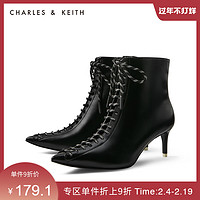 CHARLES&KEITH秋冬女靴CK1-90360329女士尖头高跟系带短靴（37、Black黑色）