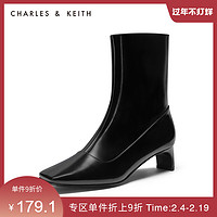 CHARLES&KEITH秋冬女靴CK1-91680071片状跟中跟短鞋女（38、Black黑色）