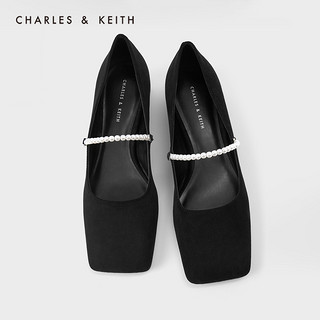 CHARLES&KEITH2020冬季新品CK1-61720062女士珍珠袢带饰低跟单鞋（37、Black黑色）