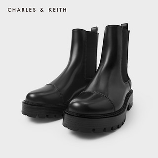 CHARLES&KEITH2020冬季新品CK1-90580135女士厚底短筒切尔西靴（37、Black黑色）