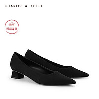 CHARLES&KEITH2021早春新品CK1-60361339女简约通勤尖头方跟单鞋（39、Black Textured黑色纹理）