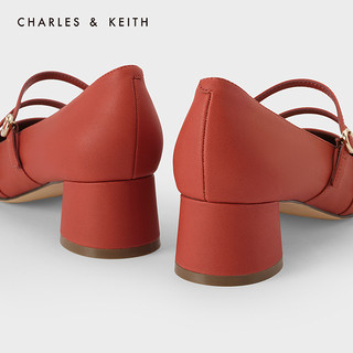 CHARLES&KEITH2021早春新品CK1-60580193女复古双绊带中跟单鞋（34、Brick砖色）