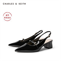 CHARLES&KEITH女鞋CK1-60361250一字带尖头中跟凉鞋（37、Black黑色）