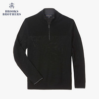 Brooks Brothers/布克兄弟男士美利奴羊毛拼接纹理半拉链毛衣休闲 0004-黑色 L