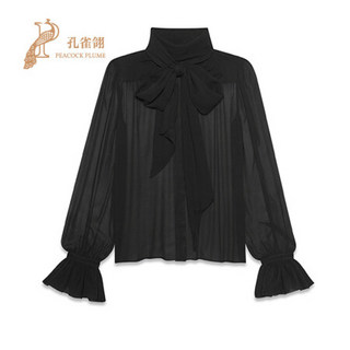 孔雀翎Saint Laurent Paris/圣罗兰女装2020新款女士YSL时尚蚕丝平纹纱衬衫 黑色 40