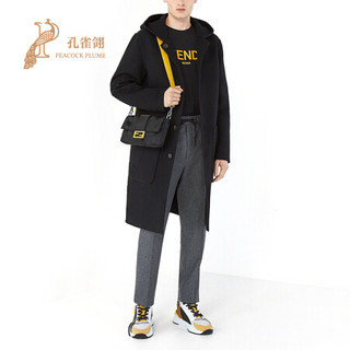 FENDI/芬迪2021新款男士时尚经典纽扣提花缎带兜帽双面大衣 黑色 50