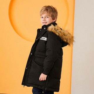 安奈儿童装男童冬季新款时尚毛领连帽长款羽绒服  EB945345  黑色 140cm