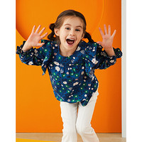 安奈儿童装女童秋季新款衬衣荷叶边娃娃衫圆领长袖上衣 蓝绿花 120cm