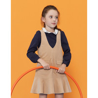 安奈儿童装女童秋季新款连衣裙荷叶边灯芯绒背心连衣裙 新浅卡其 150cm