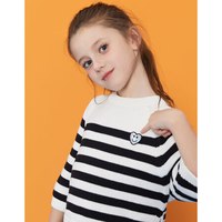 安奈儿童装女童冬装毛衣新款条纹圆领100%纯棉针织打底衫外穿上衣 EG944370 米白 150cm