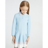 安奈儿童装女童春装长袖连衣裙2021年新款100%全棉撞色条纹翻领百褶裙子 纯净蓝 140cm