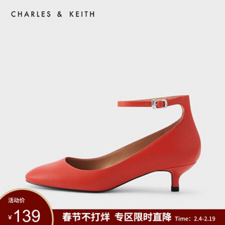 CHARLES＆KEITH2021春季CK1-60580121女士一字扣猫跟单鞋婚鞋 红色 36