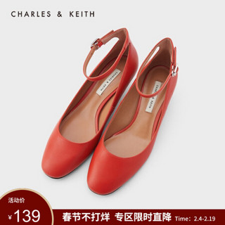 CHARLES＆KEITH2021春季CK1-60580121女士一字扣猫跟单鞋婚鞋 红色 36