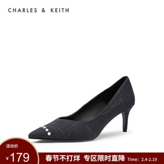 CHARLES＆KEITH女鞋CK1-60920154半宝石饰女士尖头高跟鞋 Black Textured黑色纹理 40