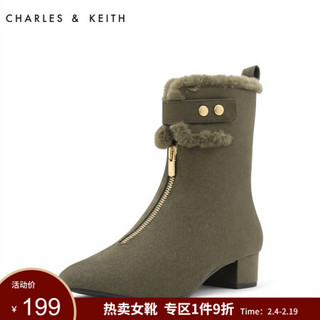 CHARLES & KEITH CHARLES＆KEITH5雪地靴女CK1-91680015拉链加绒及踝毛毛短靴 橄榄绿色OLIVE 35