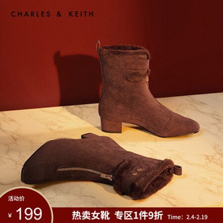 CHARLES＆KEITH5雪地靴女CK1-91680015拉链加绒及踝毛毛短靴 深咖色DARK BROWN 38