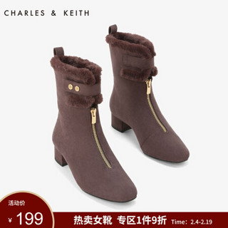 CHARLES＆KEITH5雪地靴女CK1-91680015拉链加绒及踝毛毛短靴 深咖色DARK BROWN 38