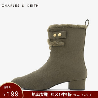 CHARLES＆KEITH5雪地靴女CK1-91680015拉链加绒及踝毛毛短靴 橄榄绿色OLIVE 40