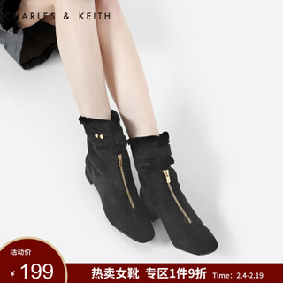 CHARLES & KEITH CHARLES＆KEITH5雪地靴女CK1-91680015拉链加绒及踝毛毛短靴 黑色BLACK 38