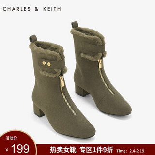 CHARLES＆KEITH5雪地靴女CK1-91680015拉链加绒及踝毛毛短靴 橄榄绿色OLIVE 41