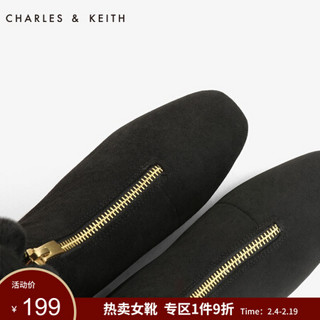 CHARLES＆KEITH5雪地靴女CK1-91680015拉链加绒及踝毛毛短靴 黑色BLACK 40