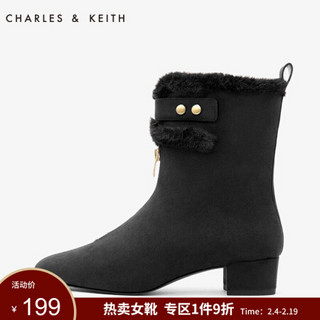 CHARLES＆KEITH5雪地靴女CK1-91680015拉链加绒及踝毛毛短靴 黑色BLACK 40