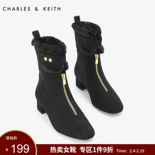 CHARLES＆KEITH5雪地靴女CK1-91680015拉链加绒及踝毛毛短靴 黑色BLACK 40