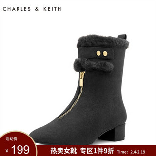 CHARLES＆KEITH5雪地靴女CK1-91680015拉链加绒及踝毛毛短靴 黑色BLACK 40