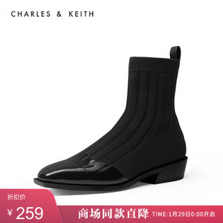 CHARLES＆KEITH女靴女鞋CK1-91680055材质拼接方头低跟短靴女靴 Black黑色 35