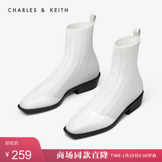 CHARLES＆KEITH女靴女鞋CK1-91680055材质拼接方头低跟短靴女靴 White白色 36