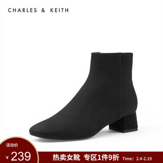 CHARLES＆KEITH女靴女鞋CK1-91680058纯色简约圆头中跟短靴女 Black黑色 36