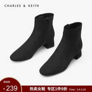 CHARLES＆KEITH女靴女鞋CK1-91680058纯色简约圆头中跟短靴女 Black黑色 36