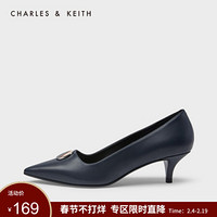 CHARLES＆KEITH2021春季CK1-61720032女士彩绘金属扣饰尖头单鞋 DARK BLUE深蓝色 39