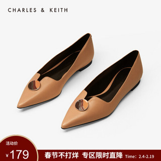 CHARLES＆KEITH新品CK1-70390267彩绘金属扣尖头平底单鞋女 Caramel焦糖色 39