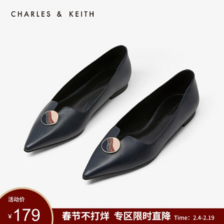 CHARLES＆KEITH新品CK1-70390267彩绘金属扣尖头平底单鞋女 DARK BLUE深蓝色 40