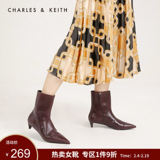 CHARLES＆KEITH女靴女鞋SL1-90580011纯色简约尖头中跟短靴女 Prune深紫红色 37