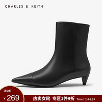 CHARLES＆KEITH女靴女鞋SL1-90580011纯色简约尖头中跟短靴女 Black黑色 40