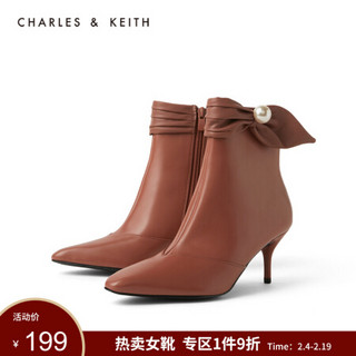 CHARLES＆KEITH2021春季女靴女鞋CK1-91680054圆珠装饰女士高跟短靴 Brick砖色 40