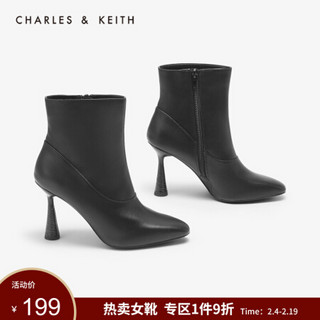 CHARLES＆KEITH女靴女鞋CK1-91680043锥形跟饰女士高跟短靴 Black黑色 39