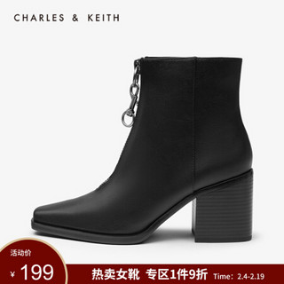 CHARLES＆KEITH女靴女鞋冬季CK1-90900082弹簧钩拉链女士高跟瘦瘦短靴 Black黑色 40