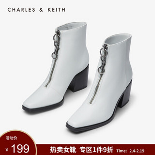 CHARLES＆KEITH女靴女鞋冬季CK1-90900082弹簧钩拉链女士高跟瘦瘦短靴 White白色 37