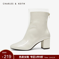 CHARLES＆KEITH2021春季女靴女鞋CK1-90360316材质拼接圆头高跟短靴女 Grey灰色 40