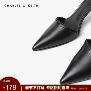 CHARLES&KEITH女鞋冬季CK1-60280215编织锁边饰尖头粗跟单鞋女 Black黑色 35