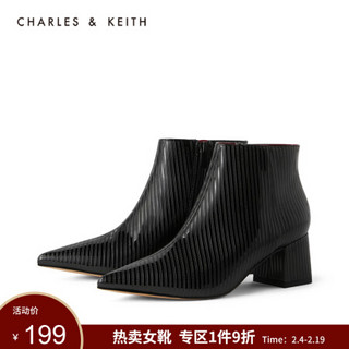 CHARLES＆KEITH2021春季女靴女鞋冬季CK1-91680062时尚亮面尖头高跟短靴女 Black Textured黑色纹理 35